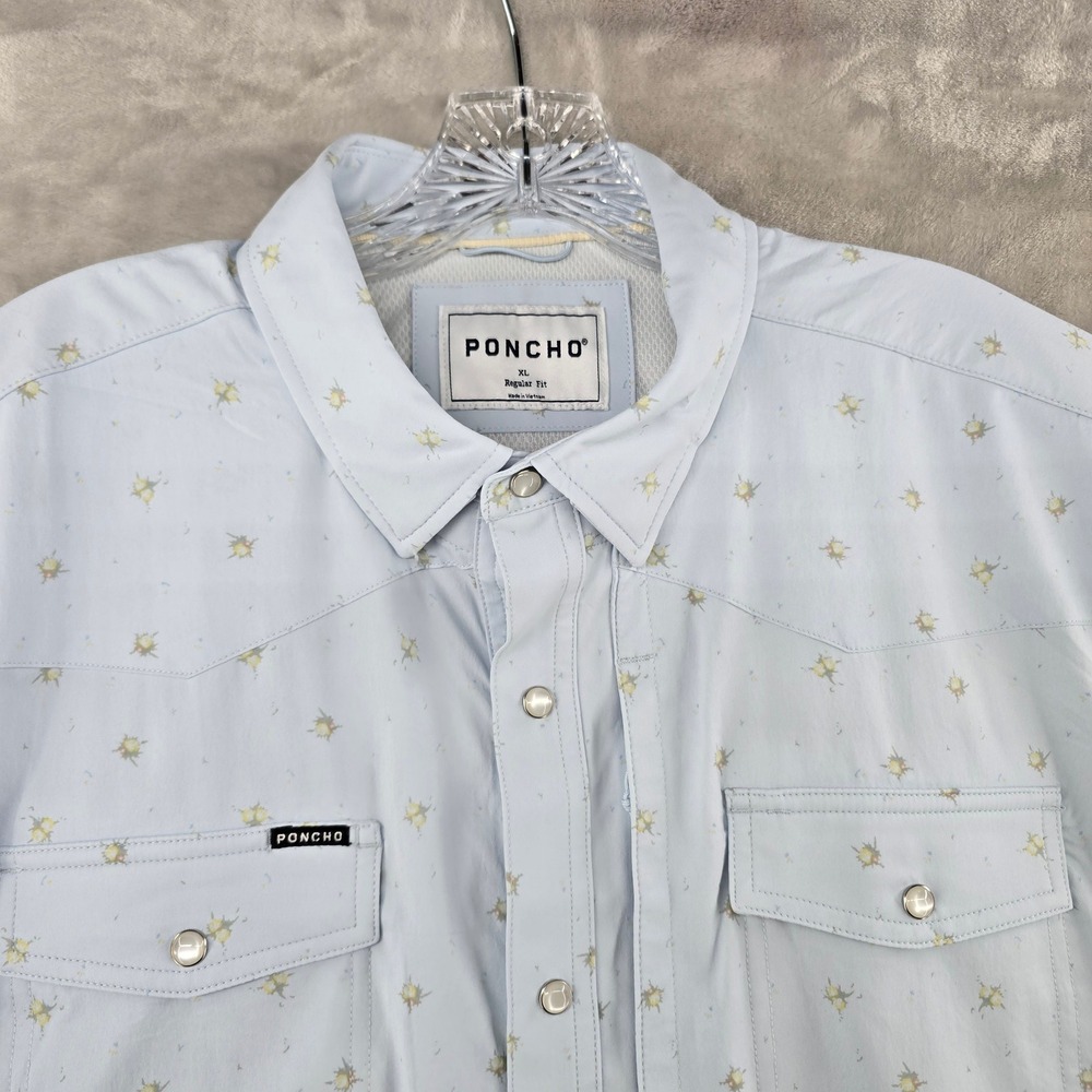 Poncho Western Shirt Mens XL Blue Short Sleeve Pearl Snap Regular Fit